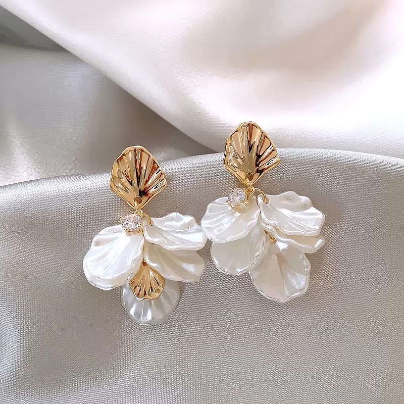 Gold Petal Tassel Imitation Shell Earrings For Women 3