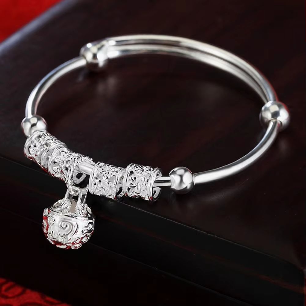 Fine Silver Hollow Bells Adjustable Bangle Bracelet For Women 1