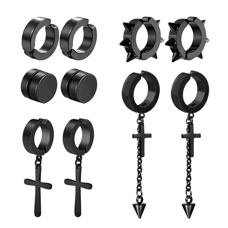 Mens Punk Cross Magnetic Earrings Set Stainless Steel Non Piercing 5 Pairs 5