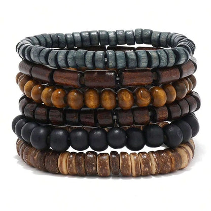 Vintage Braided Leather And Wood Bead Bracelet Set For Men 6 Piece