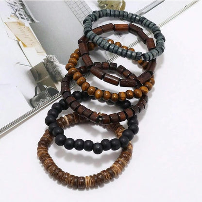 Vintage Braided Leather And Wood Bead Bracelet Set For Men 6 Piece 2