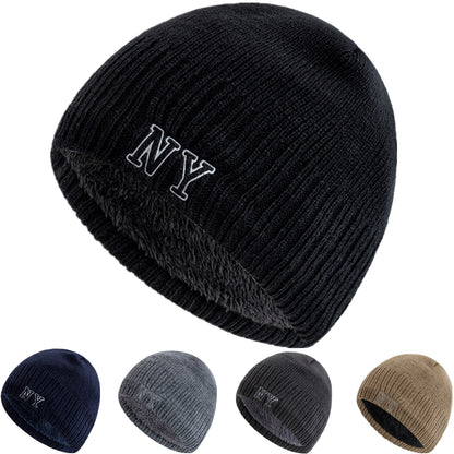 Winter Ski Knitted Beanie Hat, New Style Plush Fur Lined Warm Cap, Unisex Autumn Casual NY Printed Hat for Men Women
