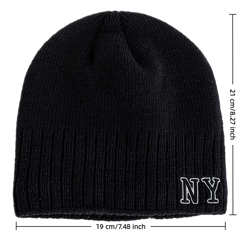 Winter Ski Knitted Beanie Hat, New Style Plush Fur Lined Warm Cap, Unisex Autumn Casual NY Printed Hat for Men Women