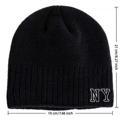 Winter Ski Knitted Beanie Hat, New Style Plush Fur Lined Warm Cap, Unisex Autumn Casual NY Printed Hat for Men Women