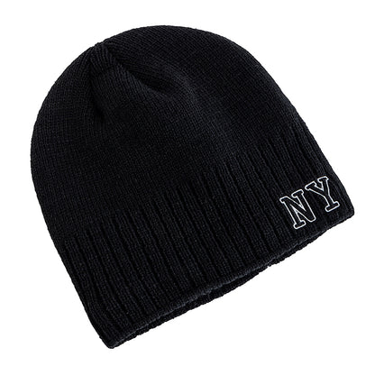 Winter Ski Knitted Beanie Hat, New Style Plush Fur Lined Warm Cap, Unisex Autumn Casual NY Printed Hat for Men Women