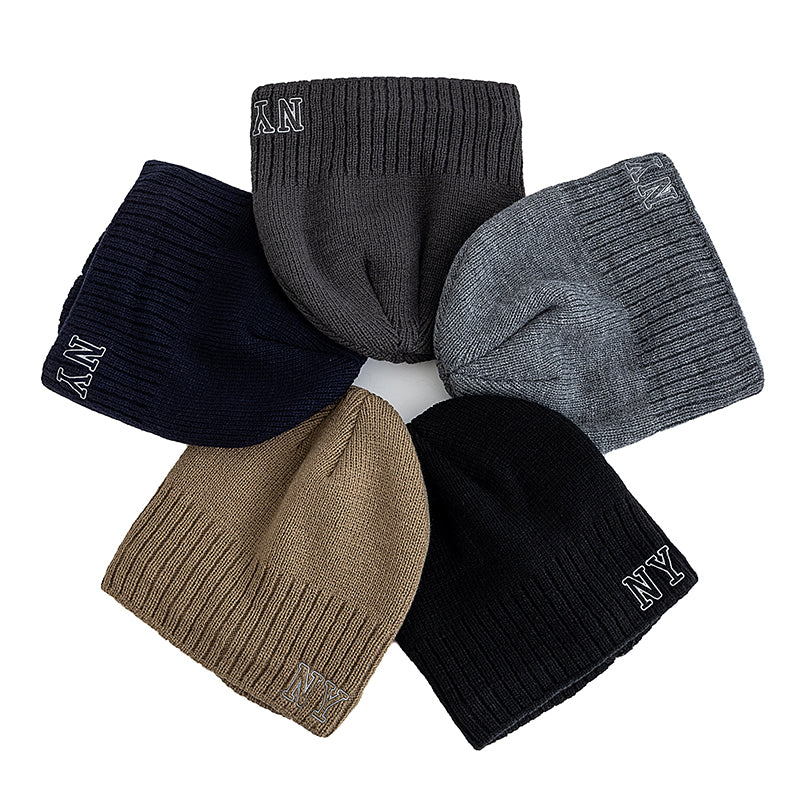 Winter Ski Knitted Beanie Hat, New Style Plush Fur Lined Warm Cap, Unisex Autumn Casual NY Printed Hat for Men Women