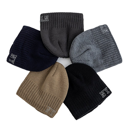Winter Ski Knitted Beanie Hat, New Style Plush Fur Lined Warm Cap, Unisex Autumn Casual NY Printed Hat for Men Women