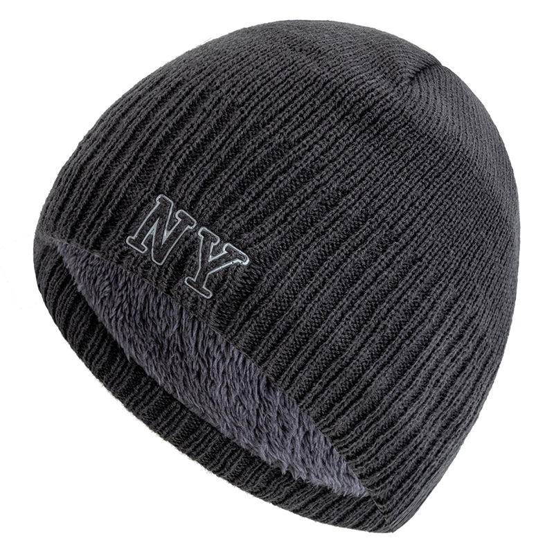 Winter Ski Knitted Beanie Hat, New Style Plush Fur Lined Warm Cap, Unisex Autumn Casual NY Printed Hat for Men Women