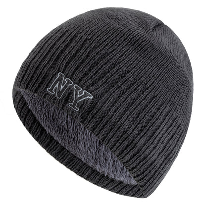 Winter Ski Knitted Beanie Hat, New Style Plush Fur Lined Warm Cap, Unisex Autumn Casual NY Printed Hat for Men Women