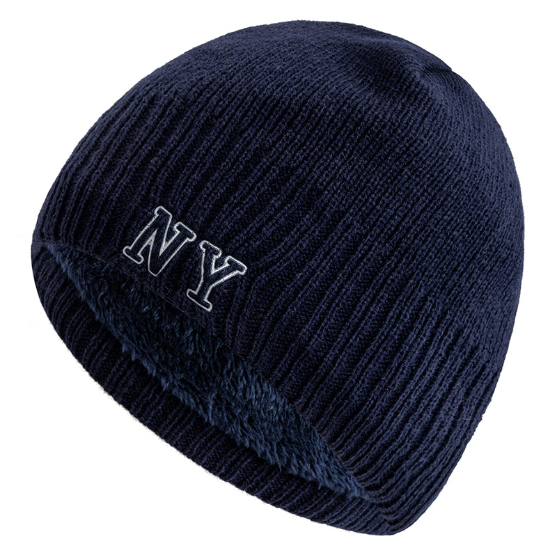 Winter Ski Knitted Beanie Hat, New Style Plush Fur Lined Warm Cap, Unisex Autumn Casual NY Printed Hat for Men Women