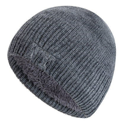 Winter Ski Knitted Beanie Hat, New Style Plush Fur Lined Warm Cap, Unisex Autumn Casual NY Printed Hat for Men Women