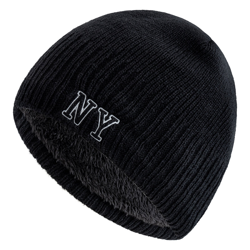 Winter Ski Knitted Beanie Hat, New Style Plush Fur Lined Warm Cap, Unisex Autumn Casual NY Printed Hat for Men Women