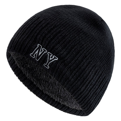 Winter Ski Knitted Beanie Hat, New Style Plush Fur Lined Warm Cap, Unisex Autumn Casual NY Printed Hat for Men Women