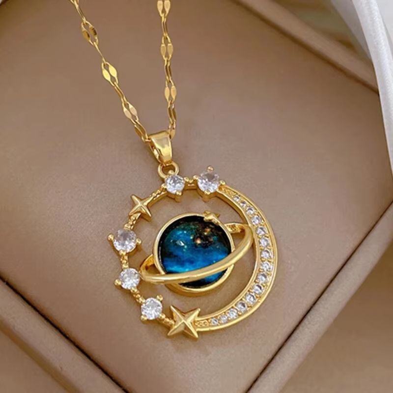 Starry Dream Astronaut Planet Moon Titanium Steel Necklace for Women