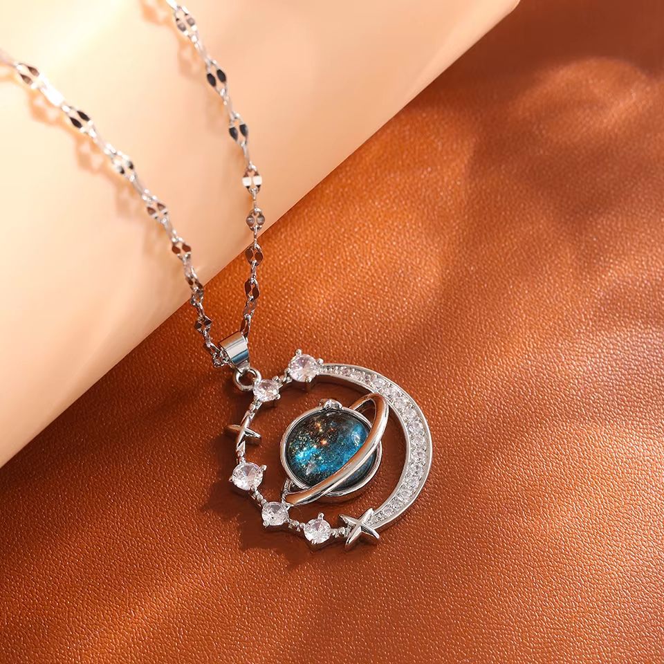Starry Dream Astronaut Planet Moon Titanium Steel Necklace For Women 9