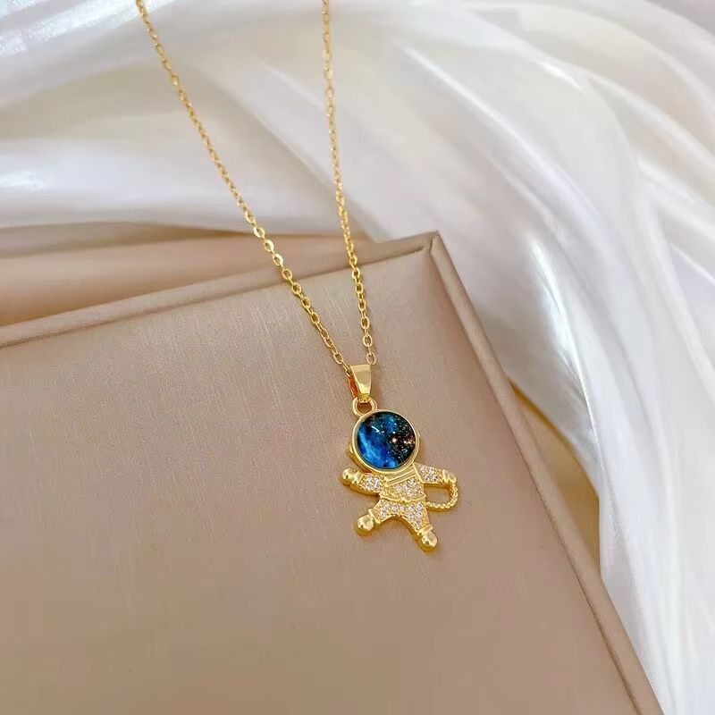 Starry Dream Astronaut Planet Moon Titanium Steel Necklace For Women 1