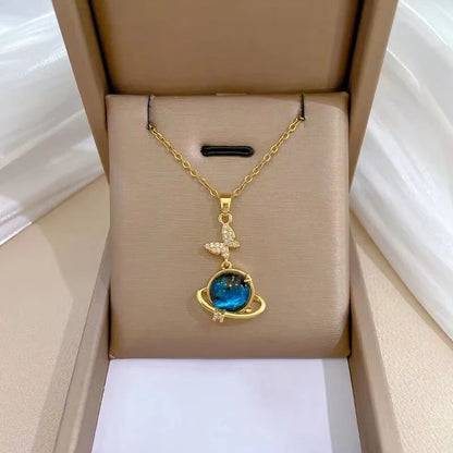 Starry Dream Astronaut Planet Moon Titanium Steel Necklace For Women 19