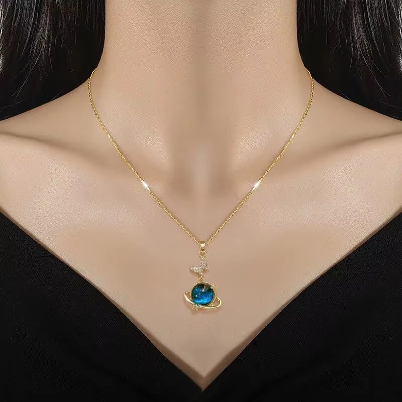 Starry Dream Astronaut Planet Moon Titanium Steel Necklace For Women 4