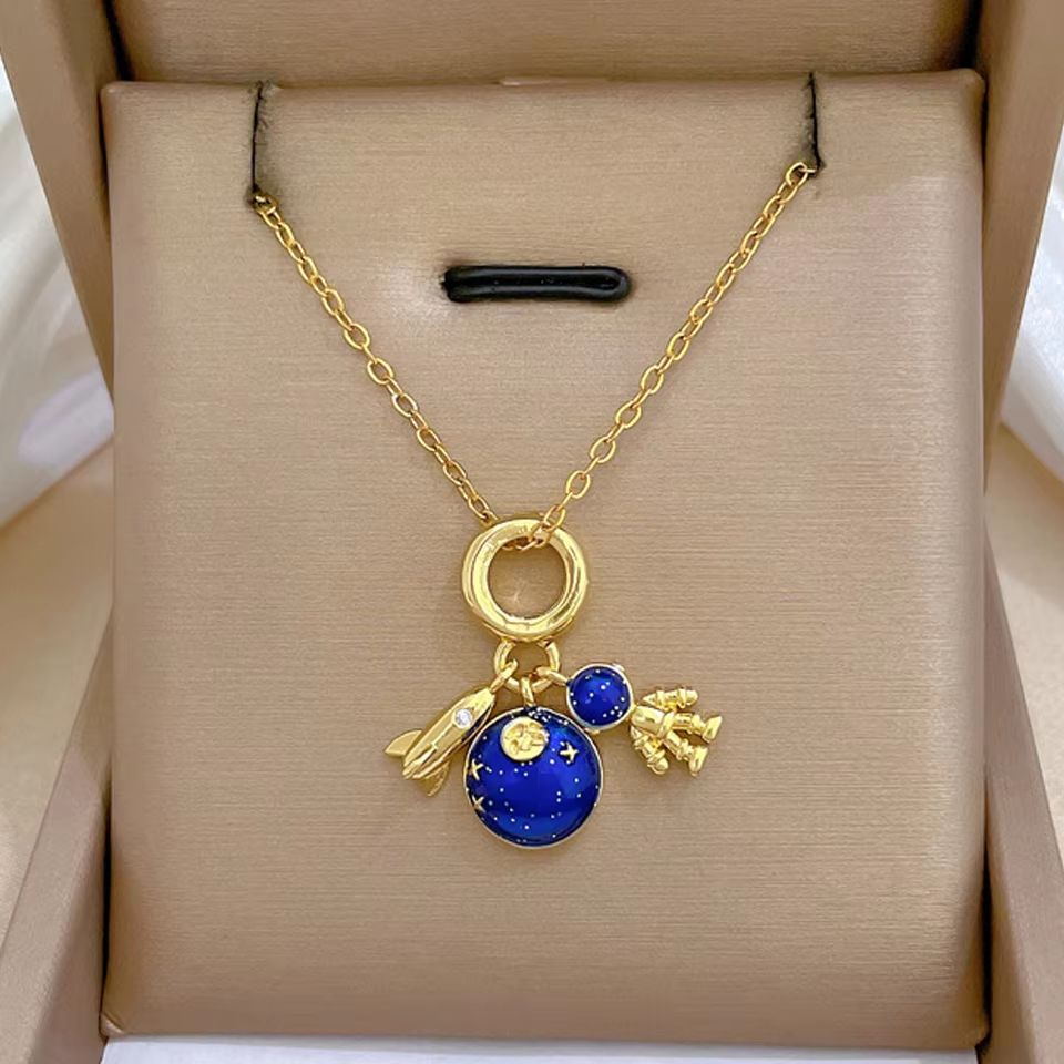 Starry Dream Astronaut Planet Moon Titanium Steel Necklace For Women 8