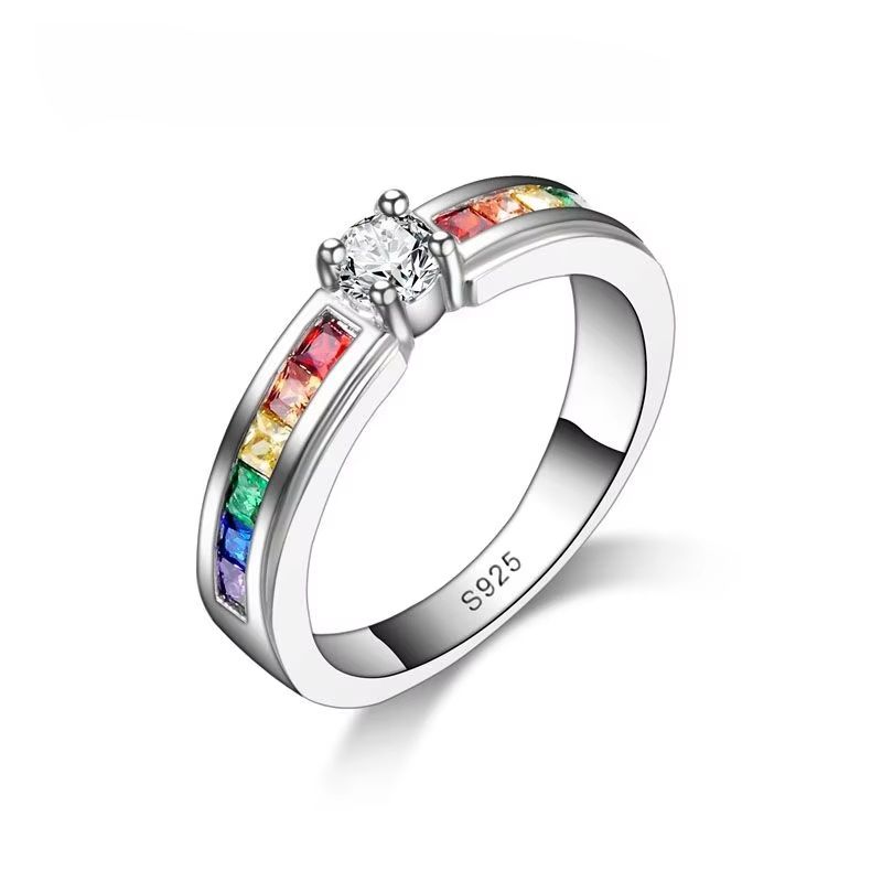 Real 925 Rainbow Cubic Zirconia Ring for Women – Sterling Silver Color Engagement Ring & Wedding Proposal Jewelry