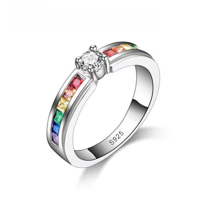 Real 925 Rainbow Cubic Zirconia Ring for Women – Sterling Silver Color Engagement Ring & Wedding Proposal Jewelry