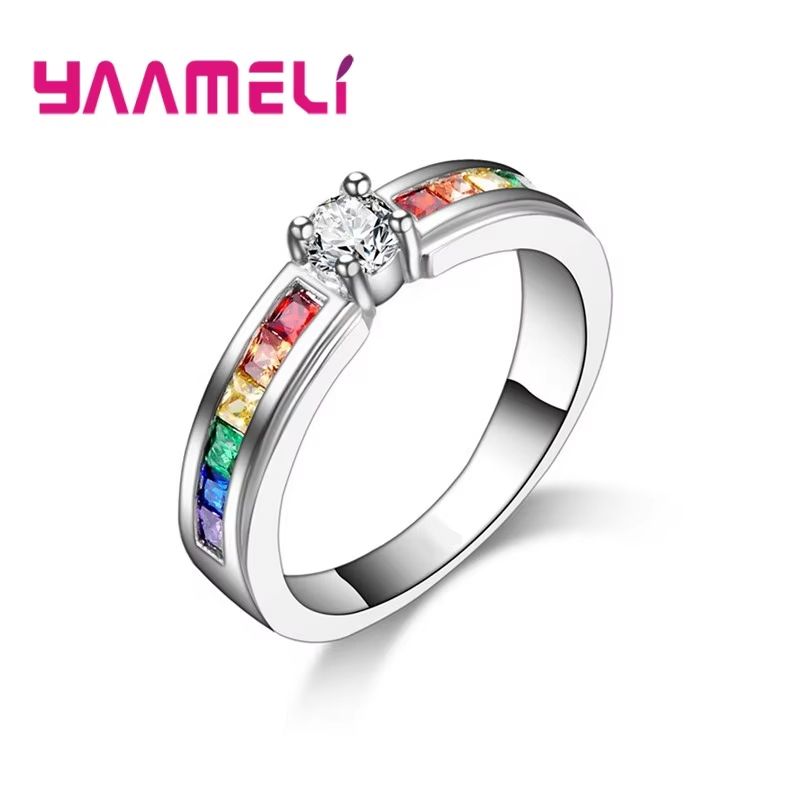 Real 925 Rainbow Cubic Zirconia Ring For Women  Sterling Silver Color Engagement Ring  Wedding Prop 1