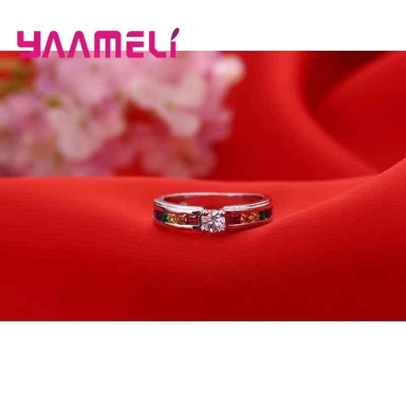 Real 925 Rainbow Cubic Zirconia Ring For Women  Sterling Silver Color Engagement Ring  Wedding Prop 2