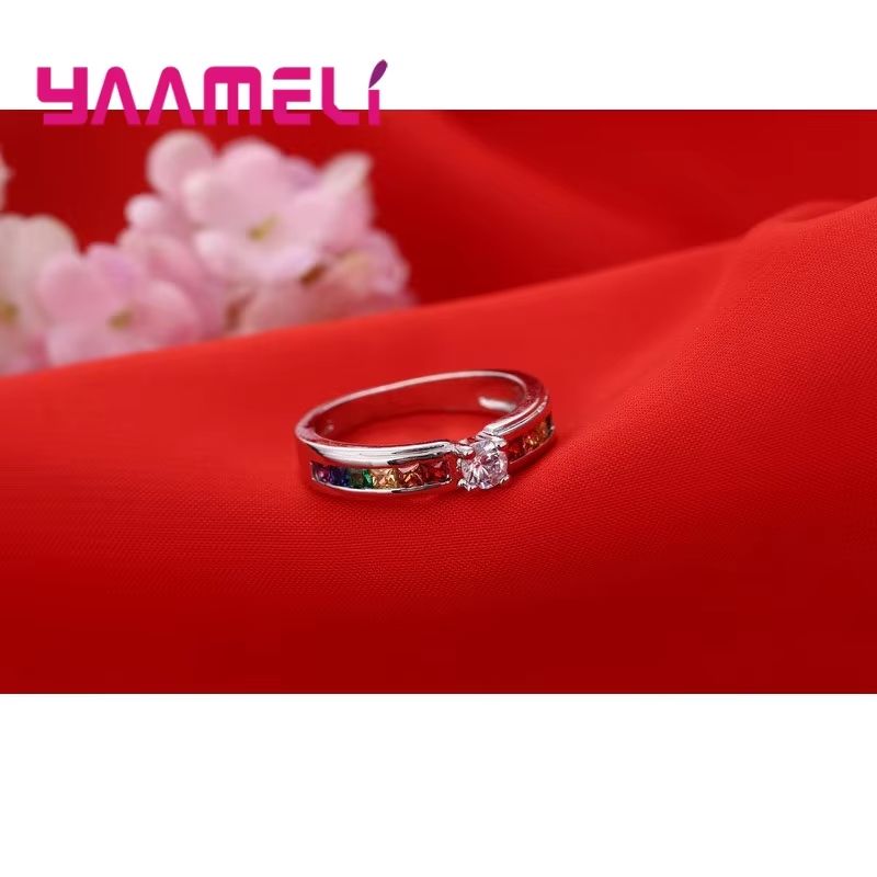 Real 925 Rainbow Cubic Zirconia Ring For Women  Sterling Silver Color Engagement Ring  Wedding Prop 3