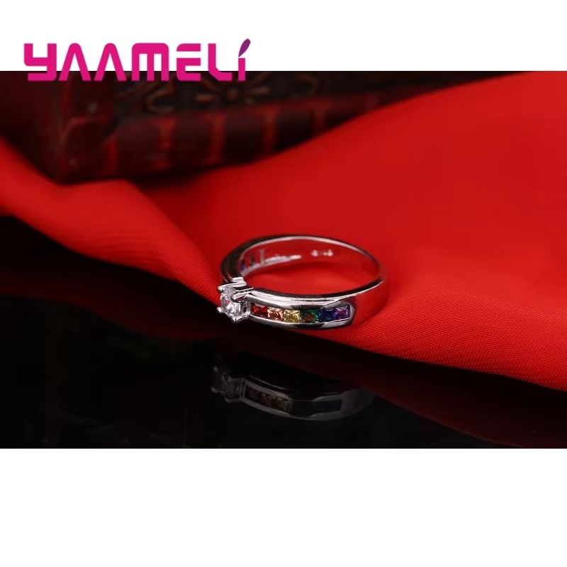 Real 925 Rainbow Cubic Zirconia Ring For Women  Sterling Silver Color Engagement Ring  Wedding Prop 4