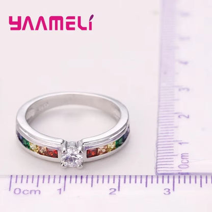 Real 925 Rainbow Cubic Zirconia Ring For Women  Sterling Silver Color Engagement Ring  Wedding Prop 5