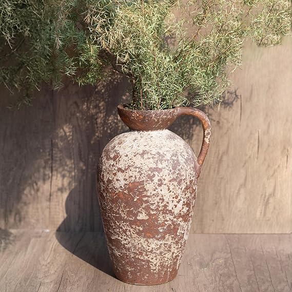 Ceramic Rustic Farmhouse Vase Distressed Antique Terracotta Pitcher With Handle Handmade Pottery Fl 5