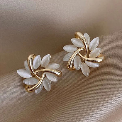 Korean Opal Flower Earrings for Women – Crystal Pearl Floral Stud Earrings for Wedding & Party