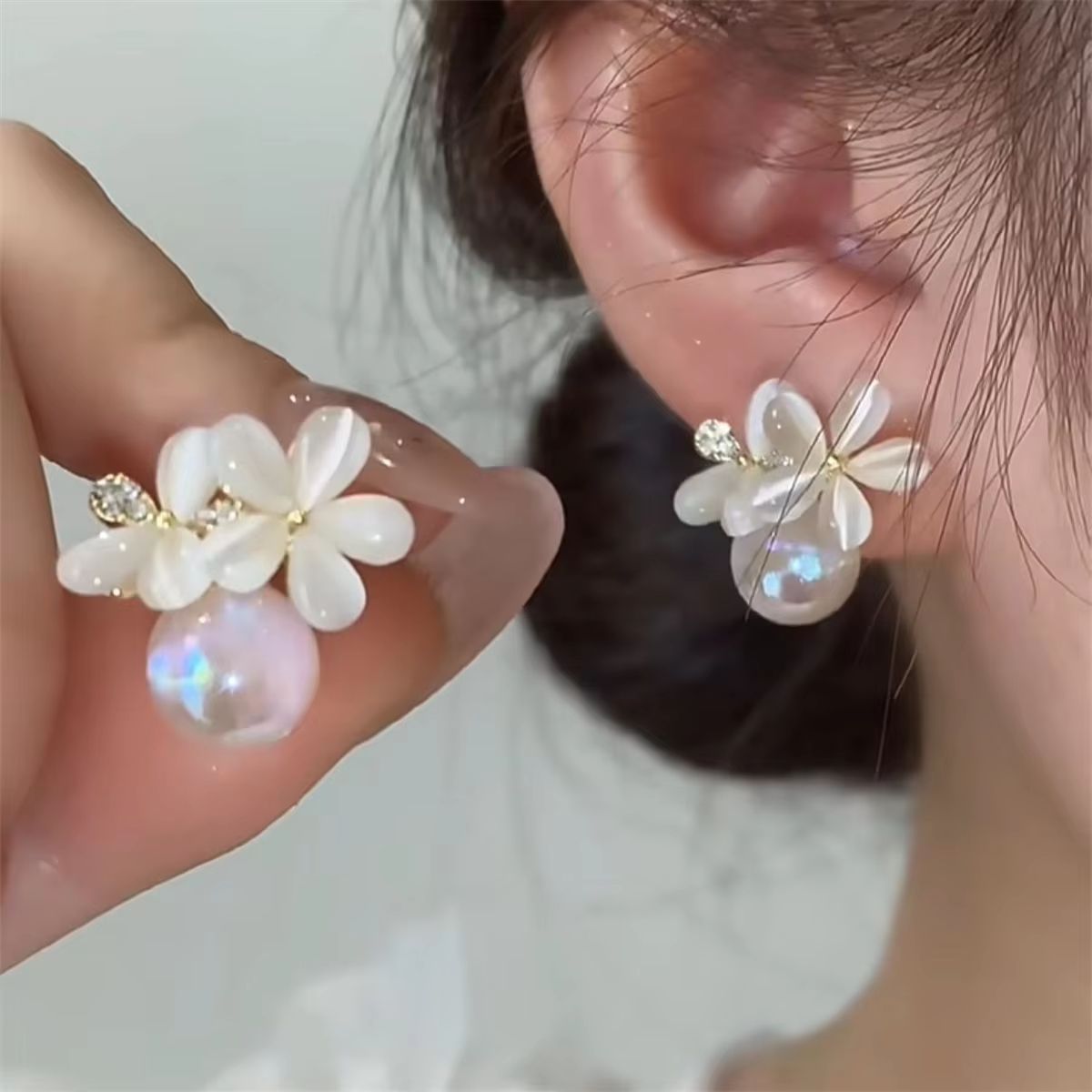 Korean Opal Flower Earrings For Women  Crystal Pearl Floral Stud Earrings For Wedding  Party 3
