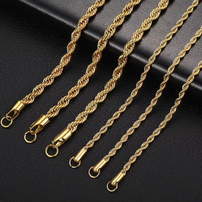 2 to 6mm (0.08–0.24 in) Gold Rope Chain Necklace Waterproof Stainless Steel Twisted Rope Chain for Men and Women