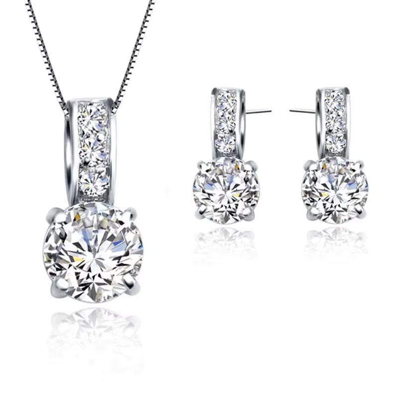 Classic Bridal Jewelry Set for Women – Sterling Silver Color Cubic Zirconia Necklace & Crystal Stud Earrings
