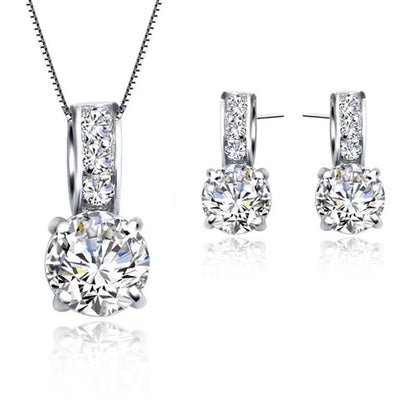 Classic Bridal Jewelry Set for Women – Sterling Silver Color Cubic Zirconia Necklace & Crystal Stud Earrings
