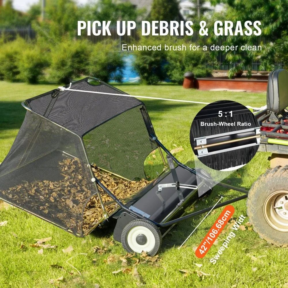 Heavy Duty Pull Behind Lawn Sweeper Adjustable Height Yard Collector Leaf And Grass Sweeper 3