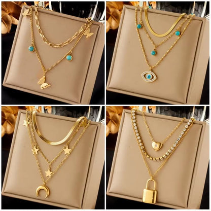 Butterfly Moon Lock layered necklace – 316L stainless steel choker with Blue Eye Pendant for Women