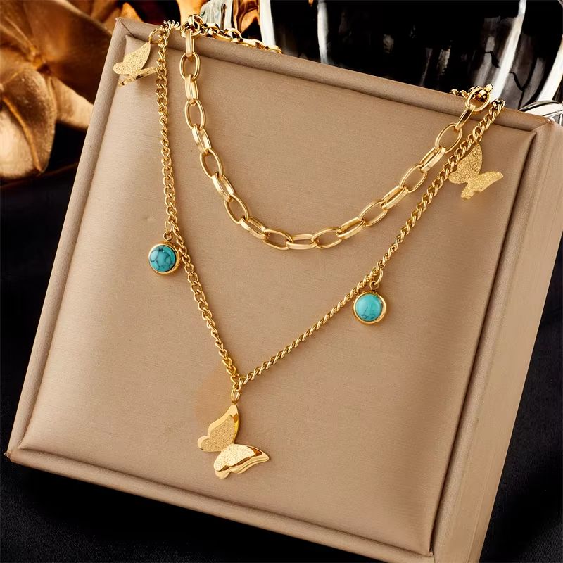 Butterfly Moon Lock Layered Necklace  316L Stainless Steel Choker With Blue Eye Pendant For Women 7
