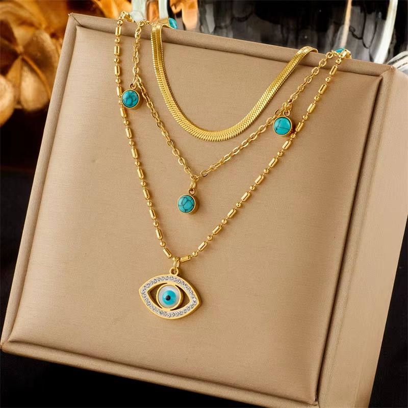 Butterfly Moon Lock Layered Necklace  316L Stainless Steel Choker With Blue Eye Pendant For Women 12