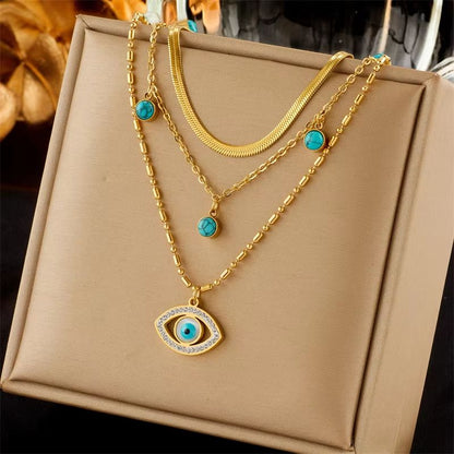 Butterfly Moon Lock Layered Necklace  316L Stainless Steel Choker With Blue Eye Pendant For Women 12