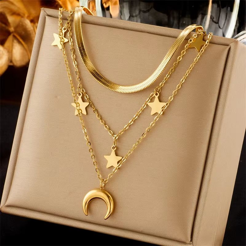 Butterfly Moon Lock Layered Necklace  316L Stainless Steel Choker With Blue Eye Pendant For Women 13