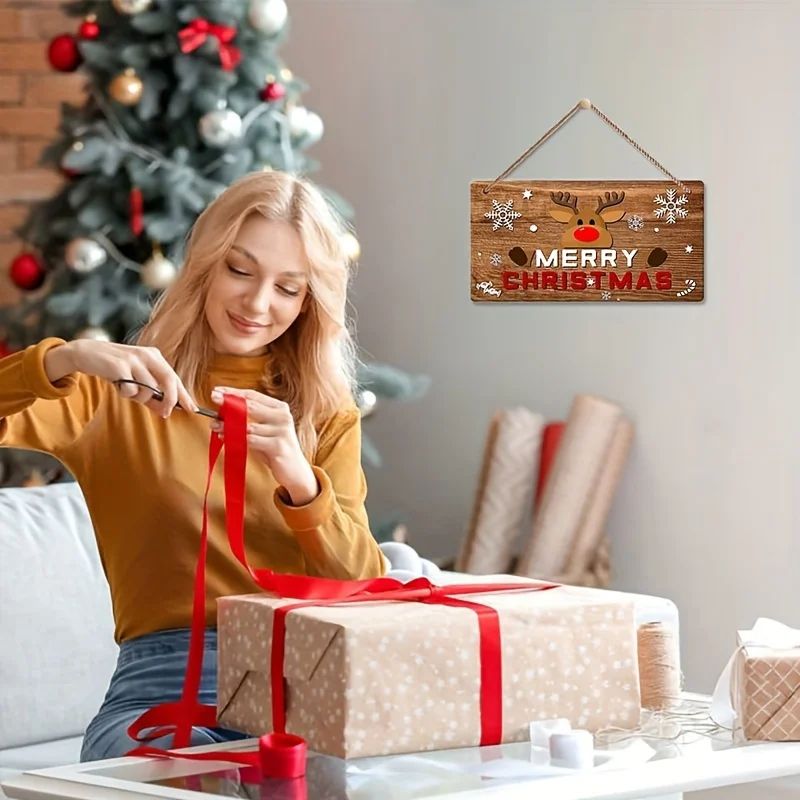 Merry Christmas Decoration Rustic Christmas Sign With Red Lettering Brown Background Reindeer And S