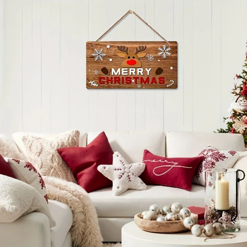 Merry Christmas Decoration Rustic Christmas Sign With Red Lettering Brown Background Reindeer And S