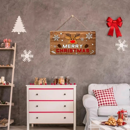 Merry Christmas Decoration, Rustic Christmas Sign with Red Lettering, Brown Background, Reindeer and Snowflakes Holiday