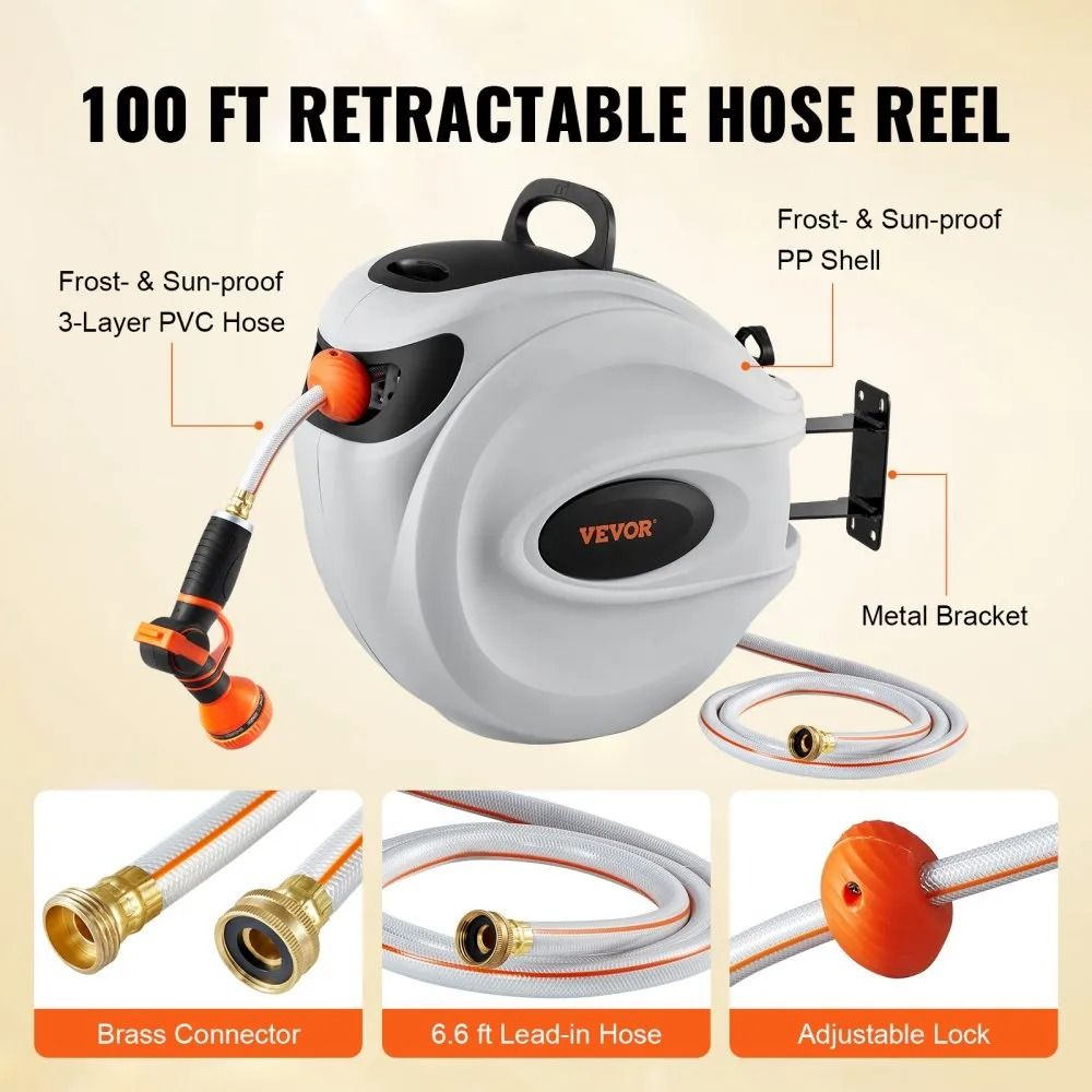 Automatic Retractable Garden Hose Reel 100 Ft X 12 Inch Wall Mounted Hose Reel 180 Swivel Bracket S 5