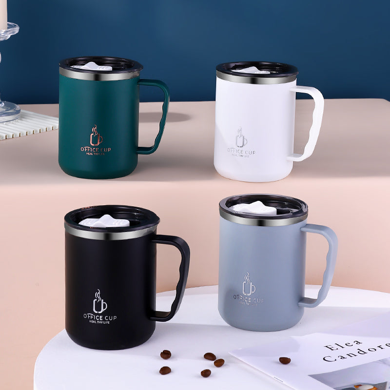 Stainless Steel Coffee Mug, Double Layers Water Bottle, Milk Cup With Handle, Plastic Lid