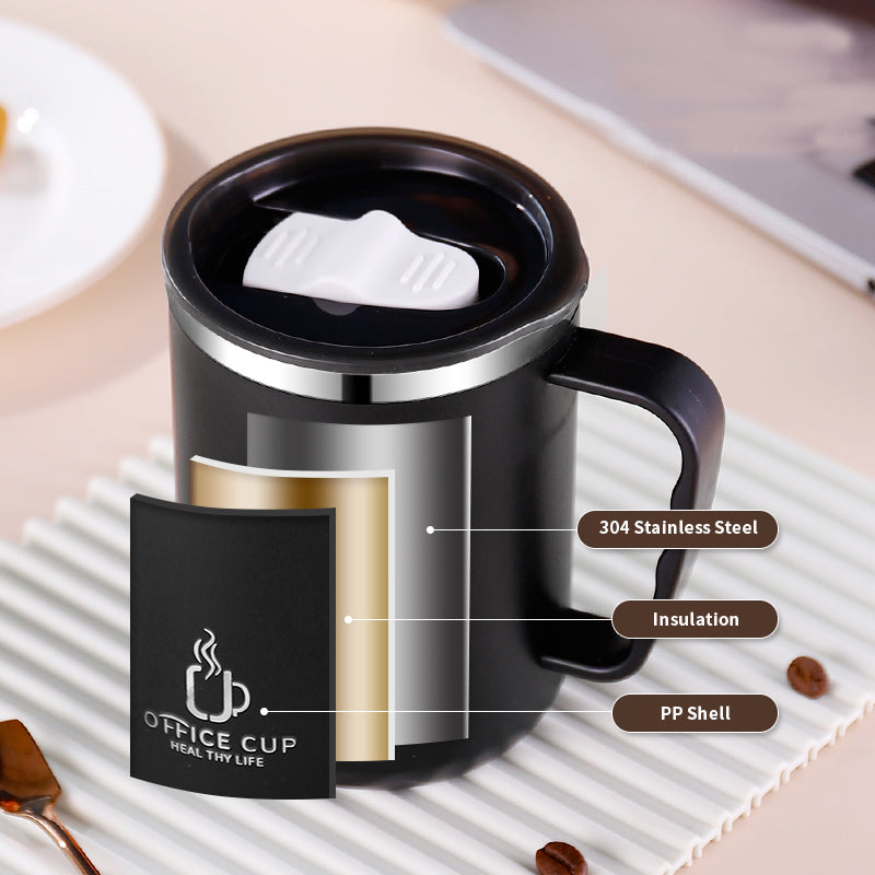 Stainless Steel Coffee Mug, Double Layers Water Bottle, Milk Cup With Handle, Plastic Lid