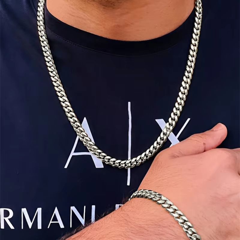 2pcs Mens Cuban chain necklace and Bracelet Silver Color chunky chain set in Stainless Steel