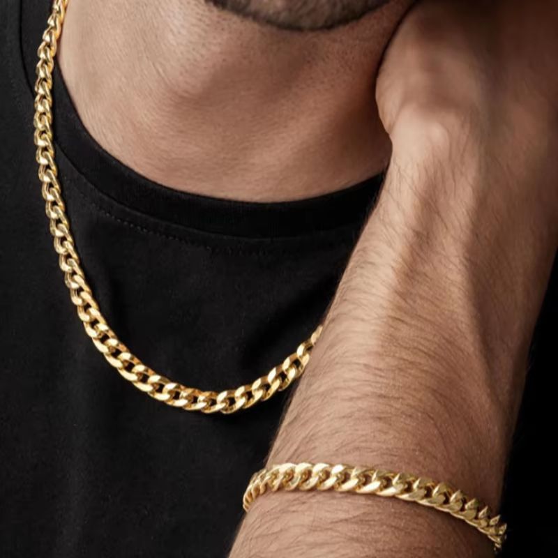 2pcs Mens Cuban Chain Necklace And Bracelet Silver Color Chunky Chain Set In Stainless Steel 3